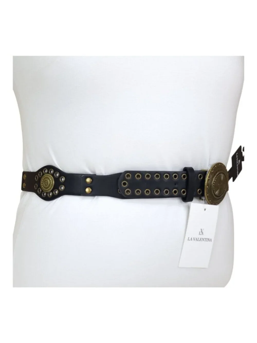 La Valentina Womens Black Belt S/M With Brass Buckle & Eyelets 1 7/8